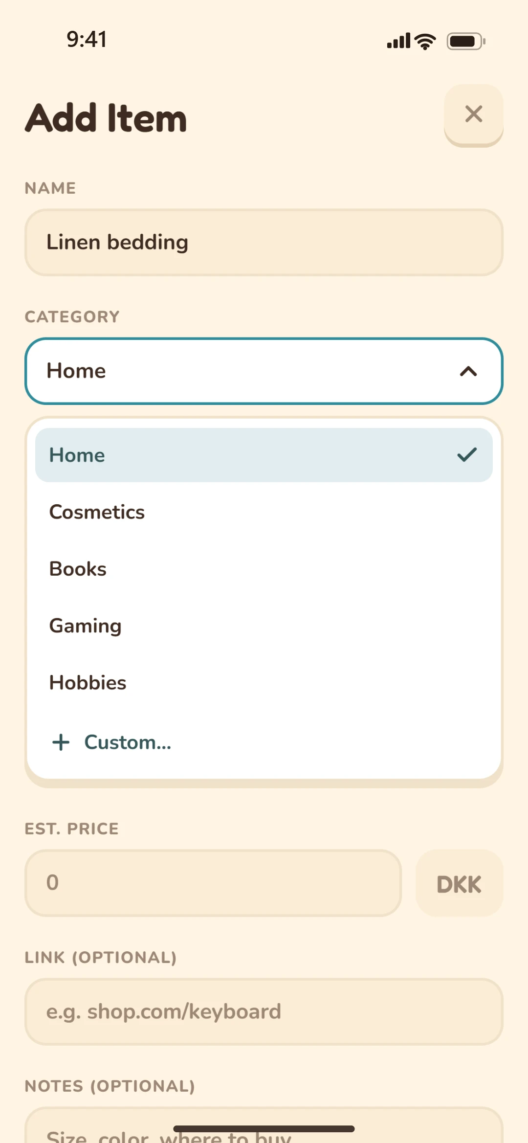 Add Item: name, category picker, estimated price, link and notes