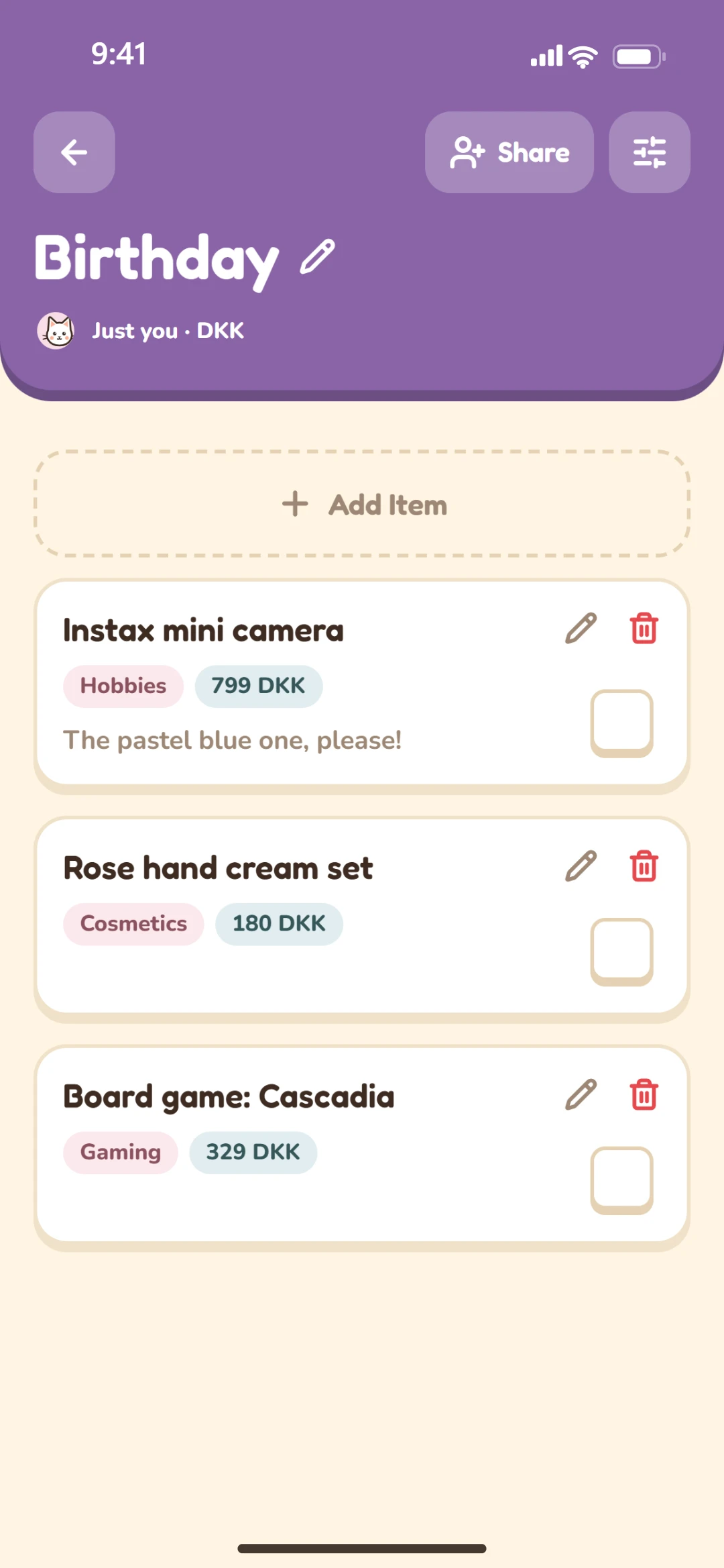 A Birthday list with three wishes, each with a category, a price and a tick-off box