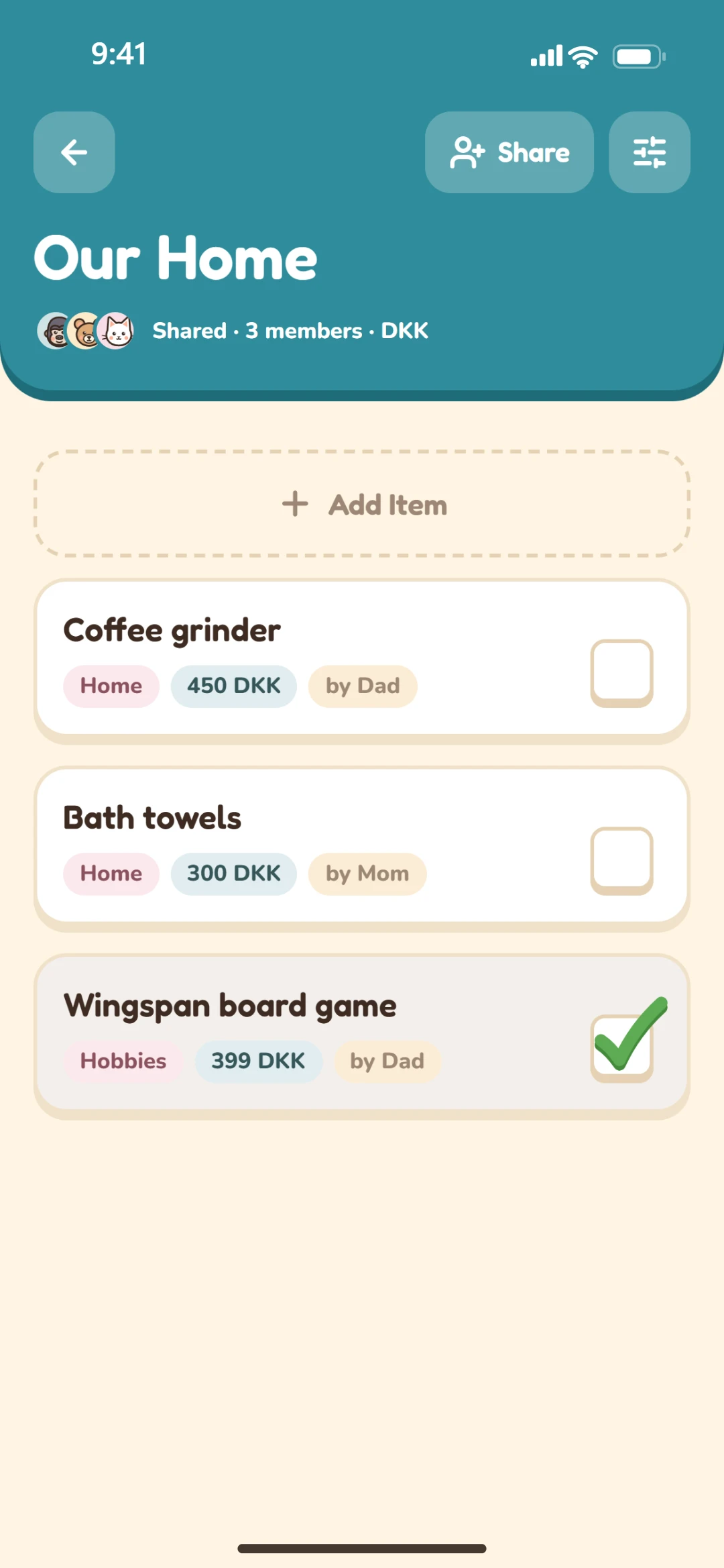 An Our Home list as one pool, where each wish shows who added it