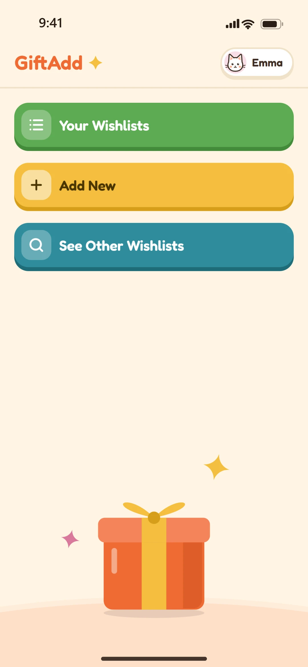 The home menu: Your Wishlists, Add New and See Other Wishlists