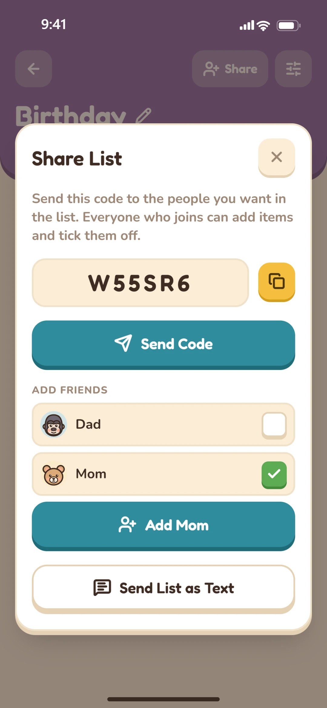 Share List: the list code to send, and friends to add with a tap